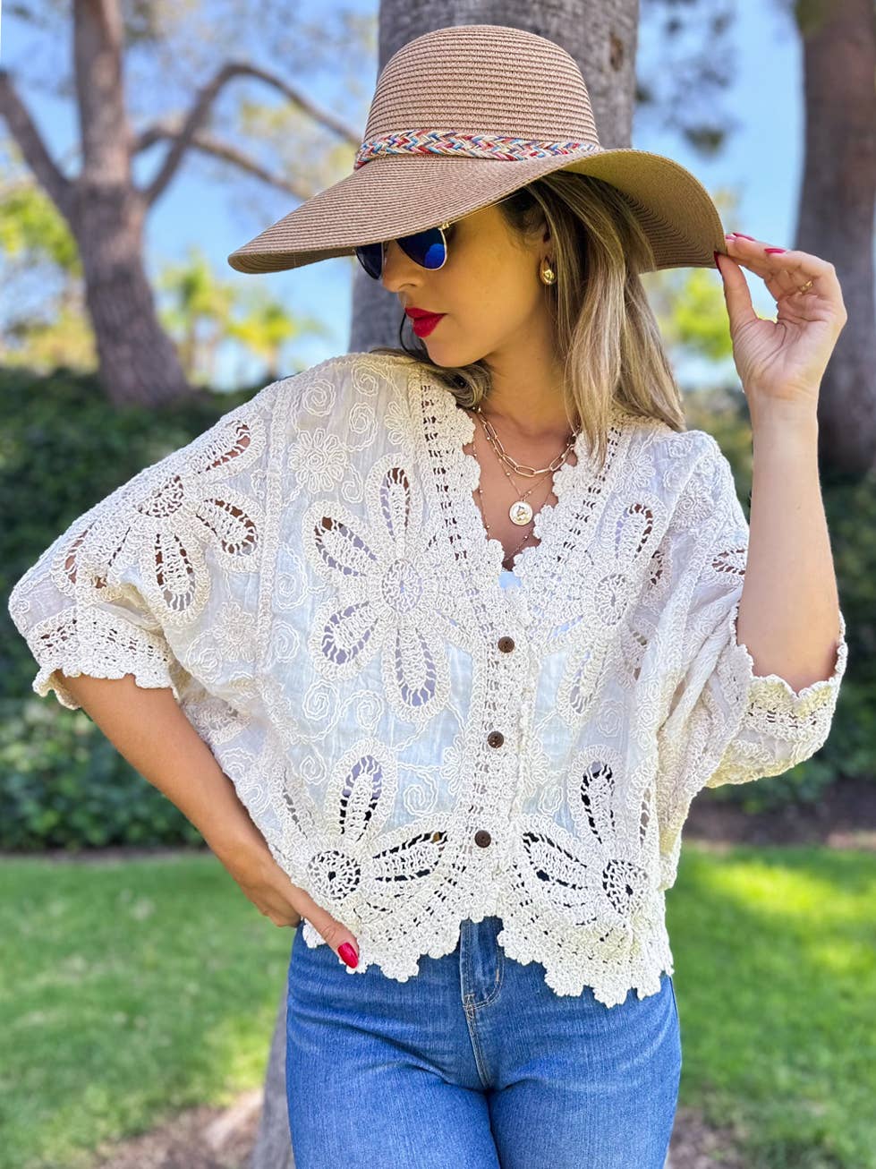 Boho Floral Crochet Button Down Cardigan with Dolman Sleeves: Ivory / One Size