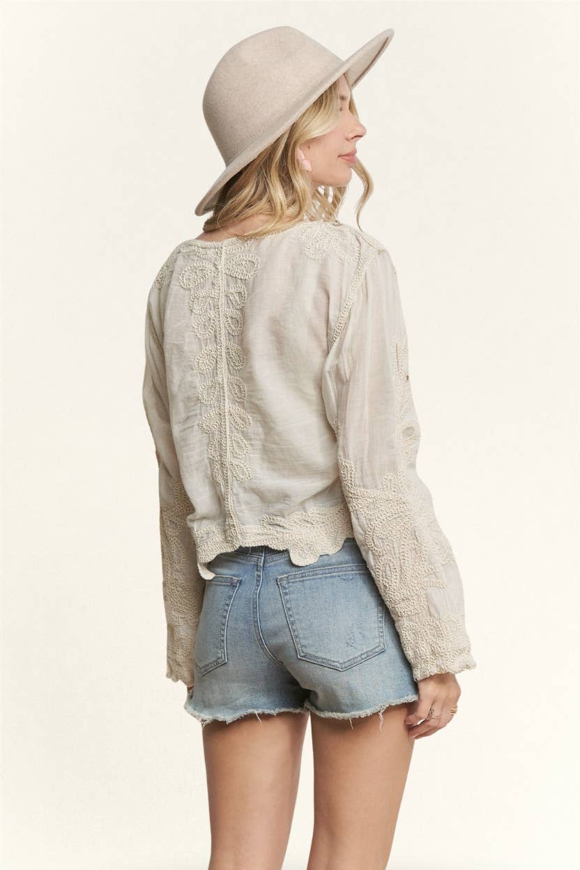 LONG SLEEVE EMBROIDERED BOHO TOP- LET3886: BEIGE / S/M-M/L(3-3)