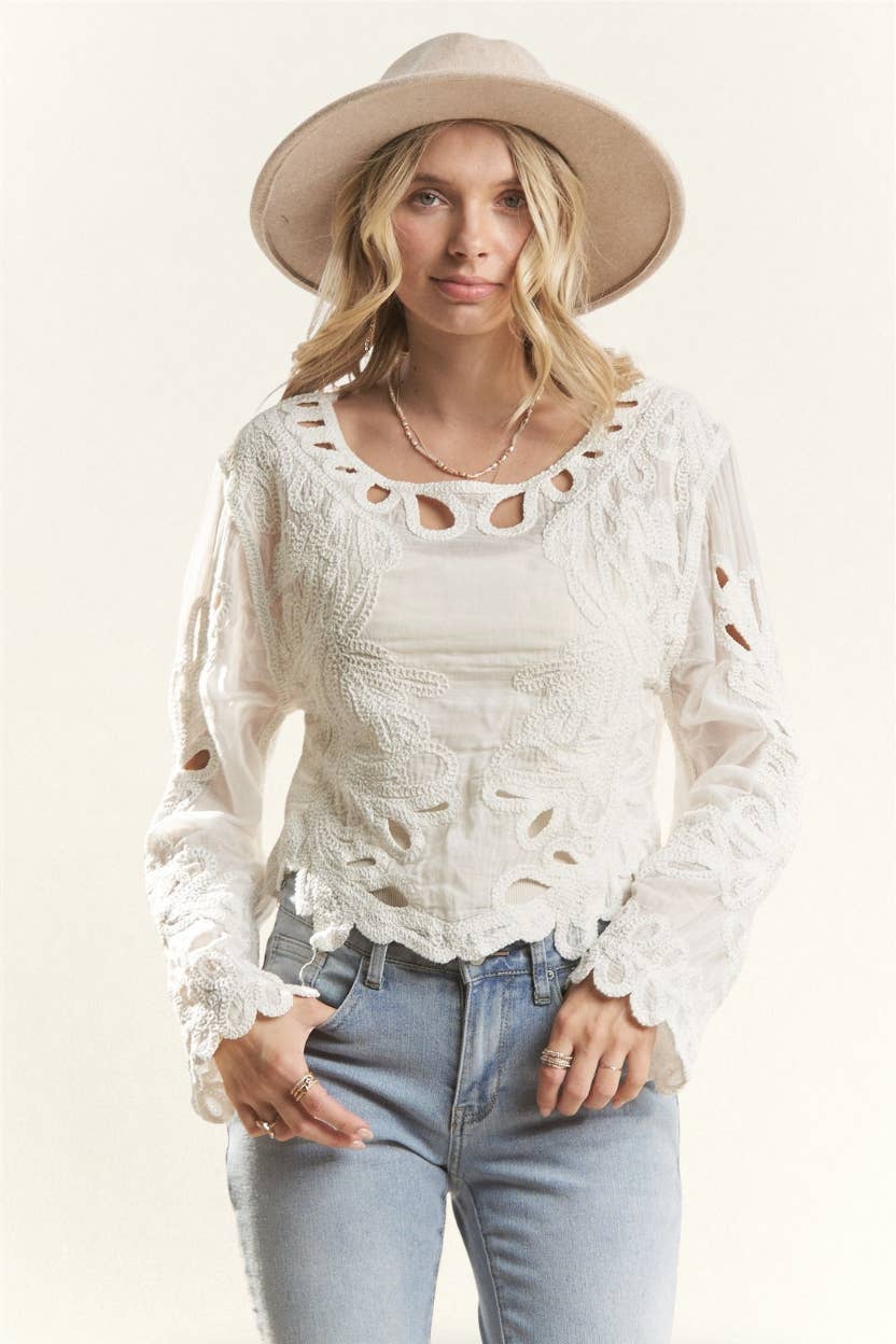 LONG SLEEVE EMBROIDERED BOHO TOP- LET3886: BEIGE / S/M-M/L(3-3)