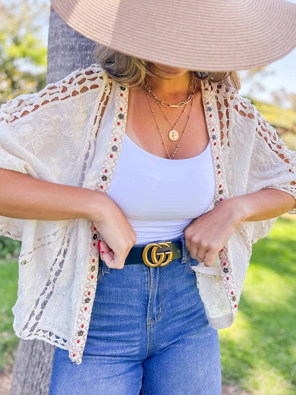 Boho Floral Embroidered Cotton Dolman Sleeve Cardigan: Ivory / One Size
