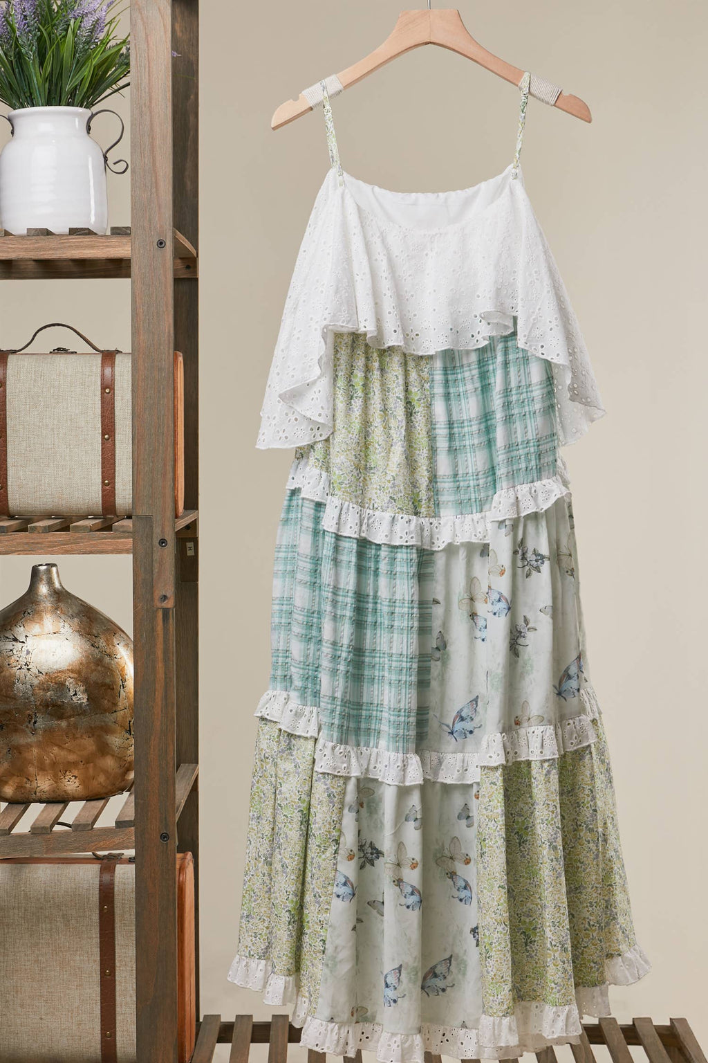 PATCHWORK FLORAL DRESS: Multi Olive / M