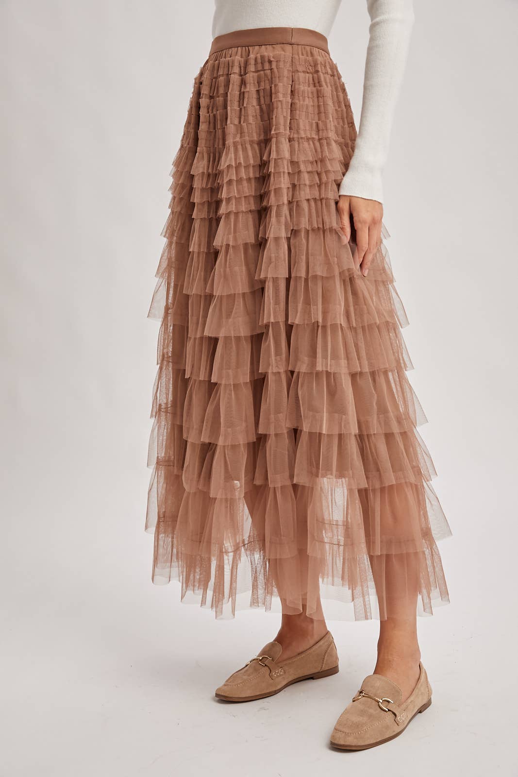 RUFFLED TULLE MIDI SKIRT: MAUVE / M