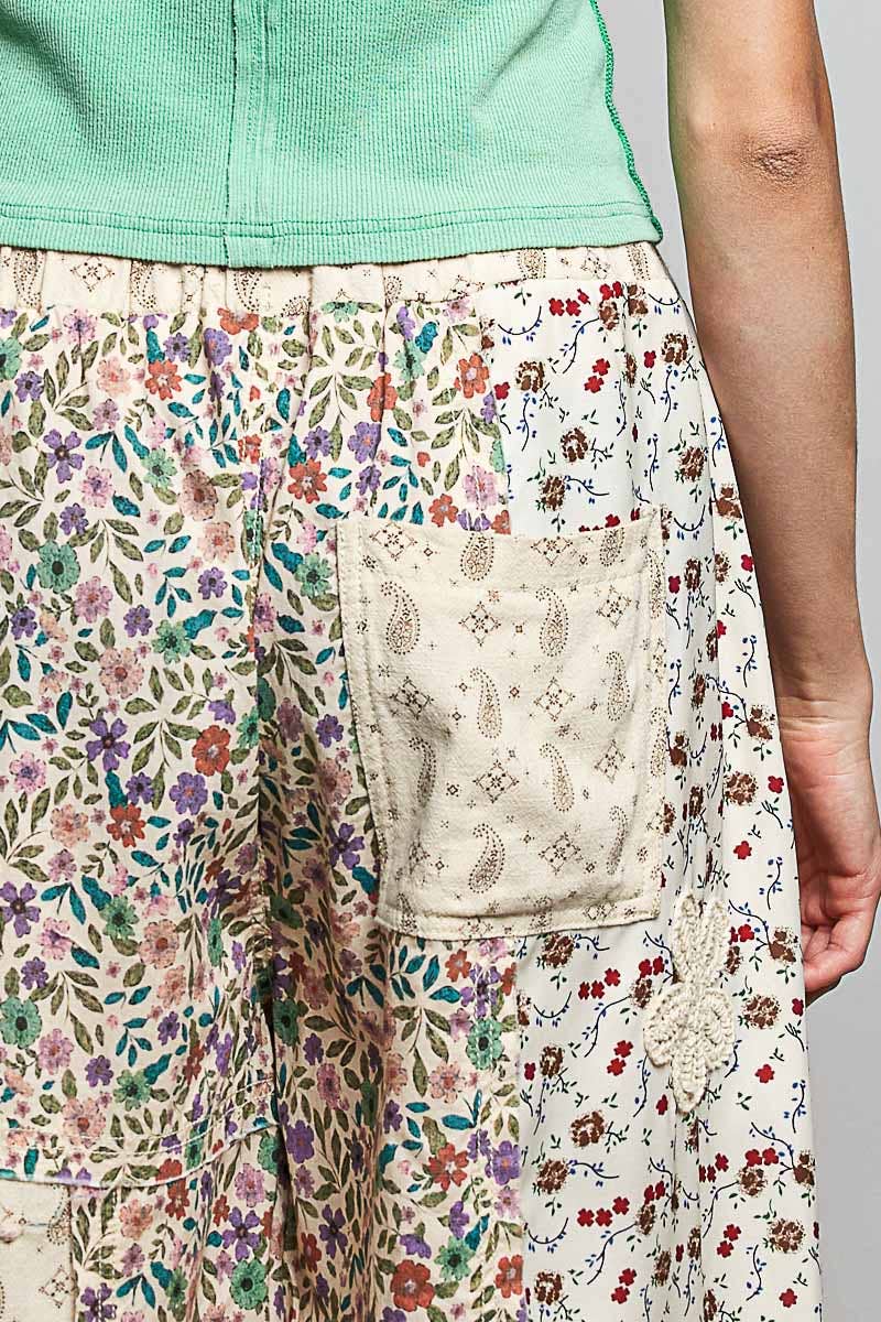 Crochet Patch Detail Contrast Patchwork Printed Woven Pants: CREAM MULTI / S