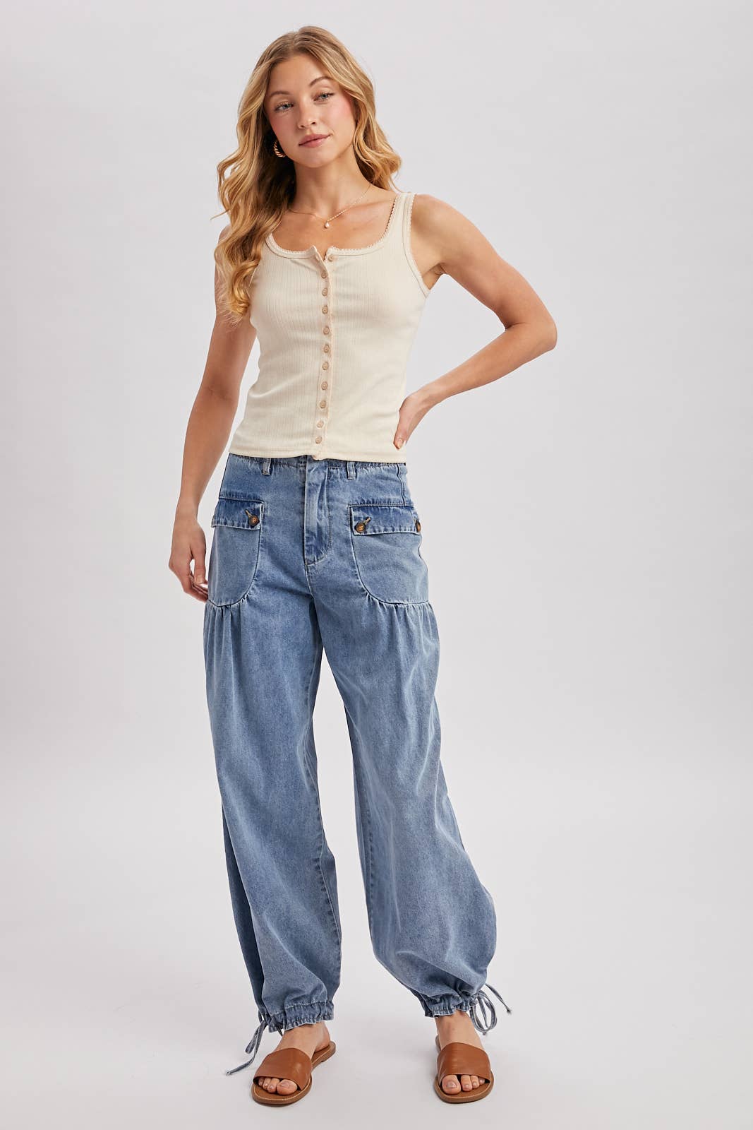 DENIM ANKLE DRAWSTRING BALLOON JEANS: DK.WASH / S