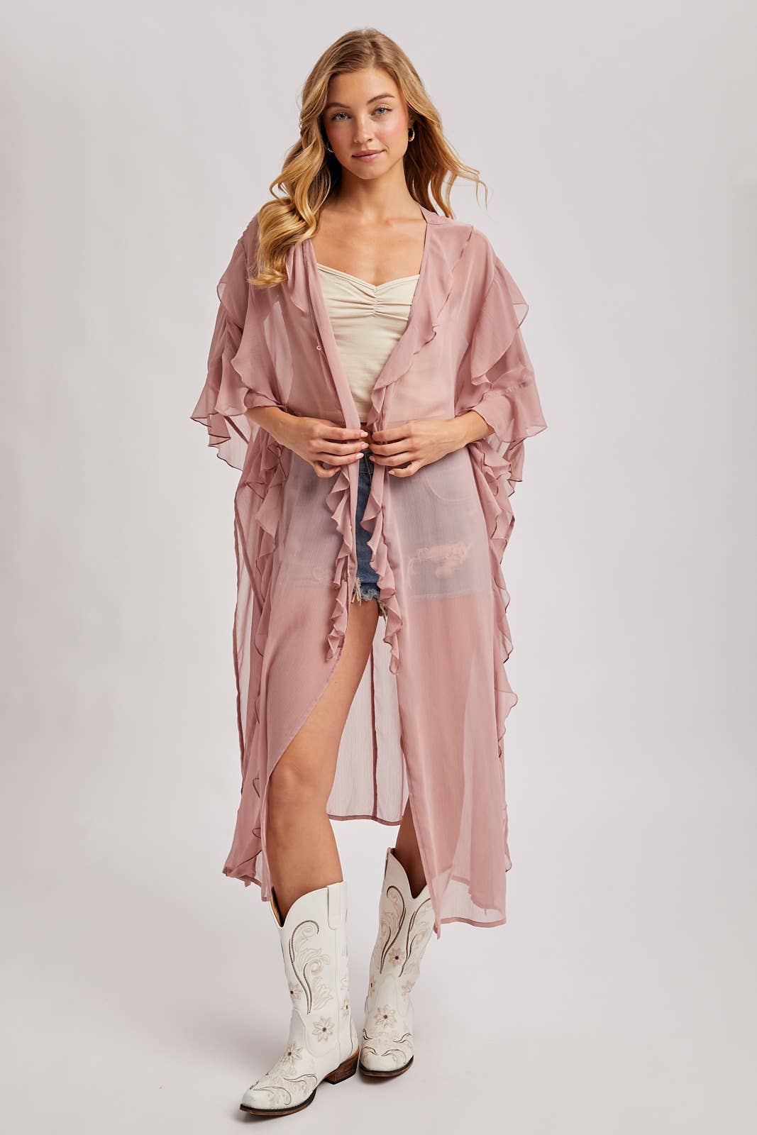 SHEER RUFFLED OPEN FRONT KIMONO COVER-UP DRESS - EASTER DAY: DUSTY PINK / One Size