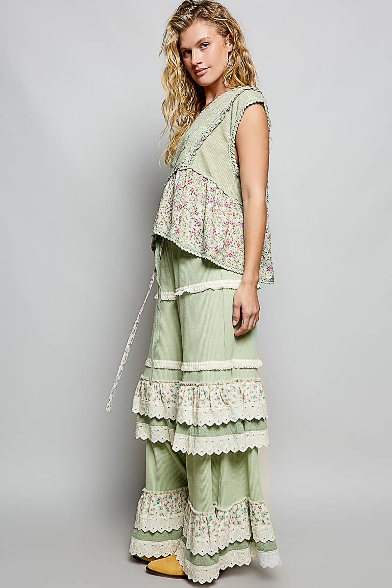 Floral Contrast Eyelet Ruffle Lace Trim Straight Knit Pants: BLUSH