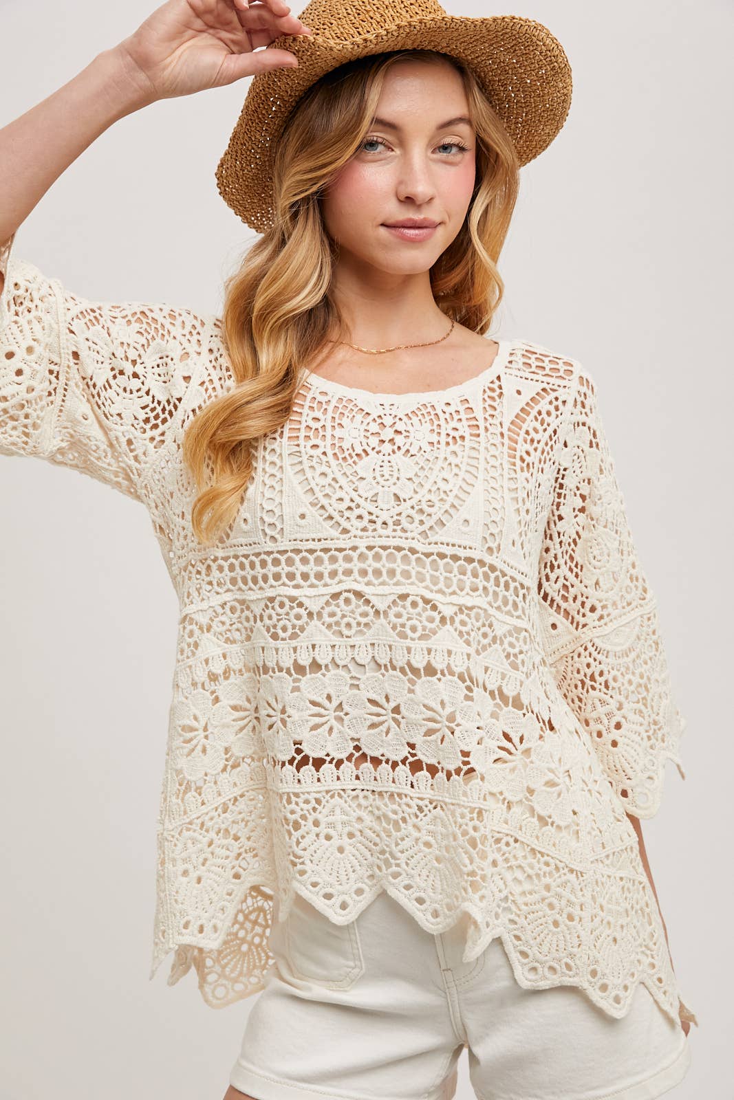 BEACH COVER-UP SHEER CROCHET TOP WITH NO LINING: NATURAL