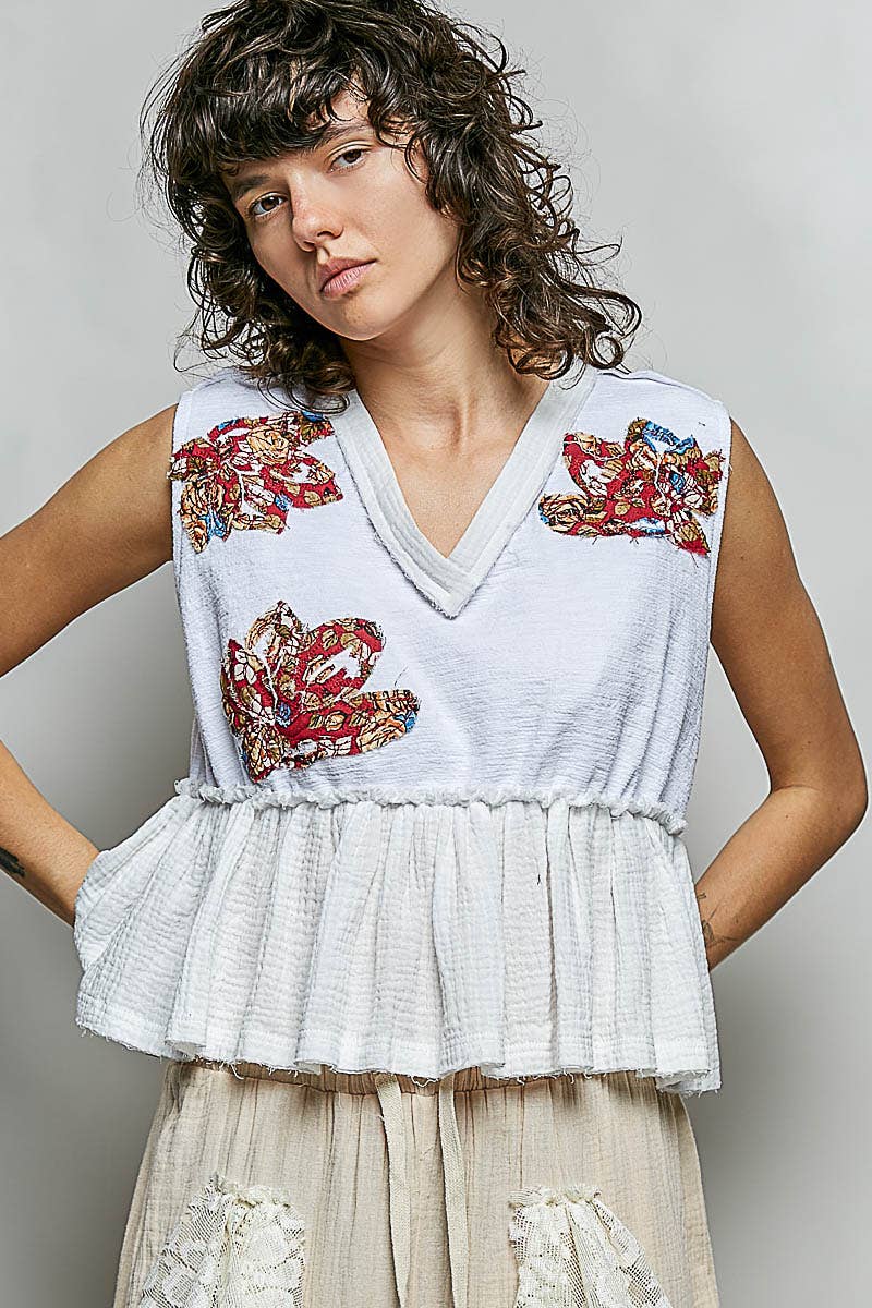 Boho Floral Patch V-Neck Sleeveless Top: NATURAL