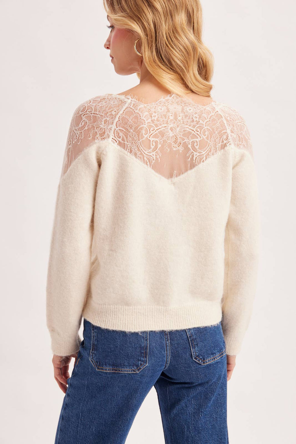 EYELASH LACE TRIMMED KNIT PULLOVER
