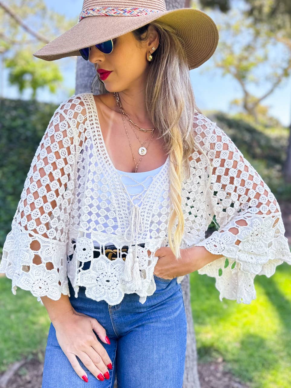 Boho Floral Crochet Bell Sleeve Top with Tassel Lace-Up: Ivory / One Size