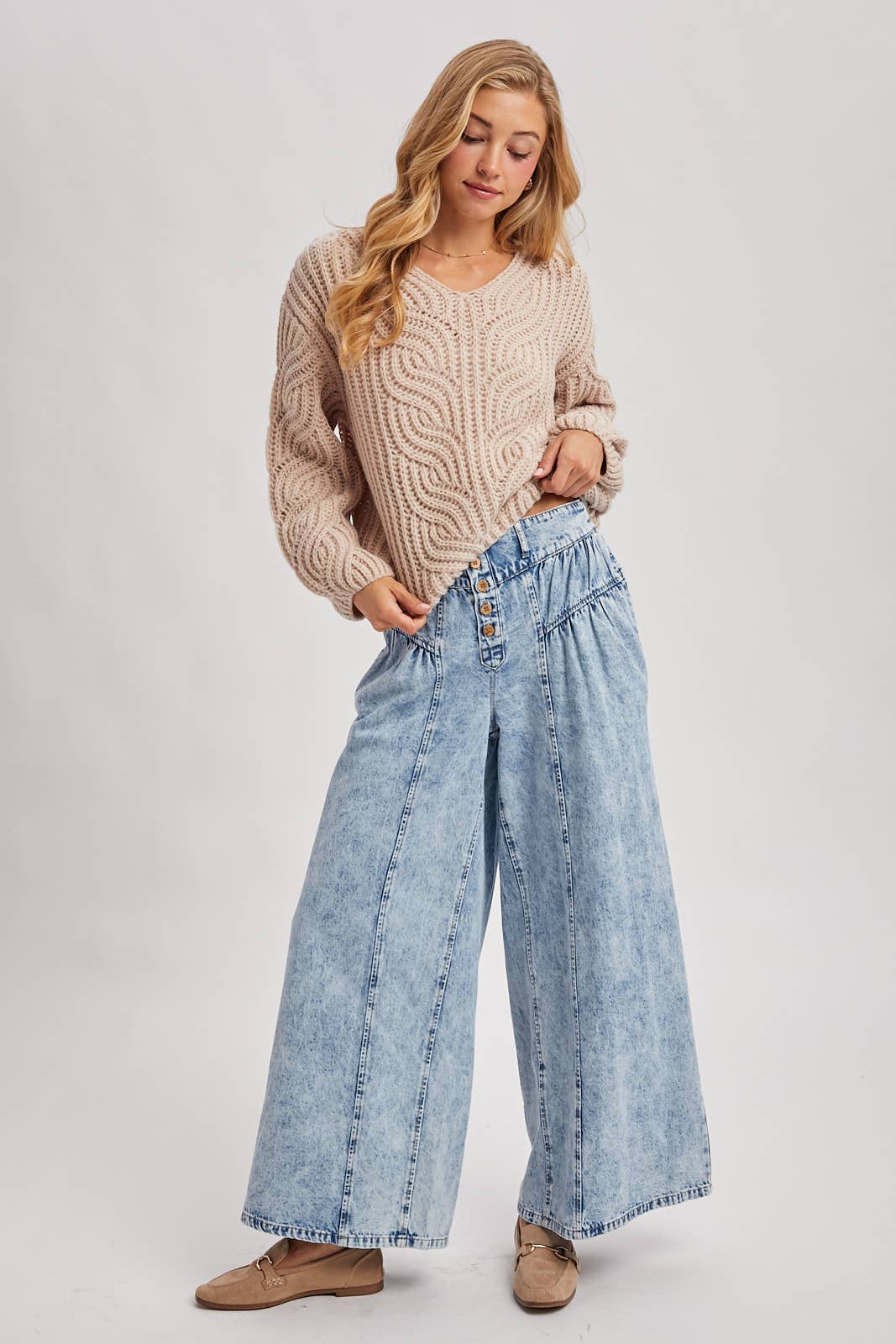 DENIM PLEATED RETRO HIGH-RISE WIDE LEG JEANS: LT.WASH / S
