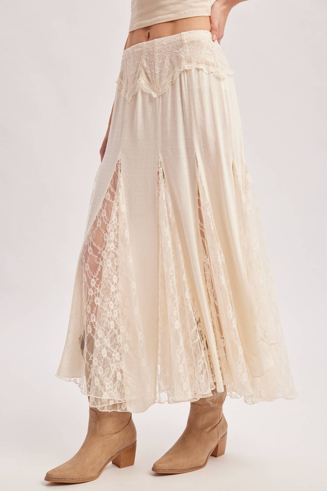 BOHO FLOWY LACE MAXI SKIRT WITH NO LINING - EASTER DAY: ECRU / S