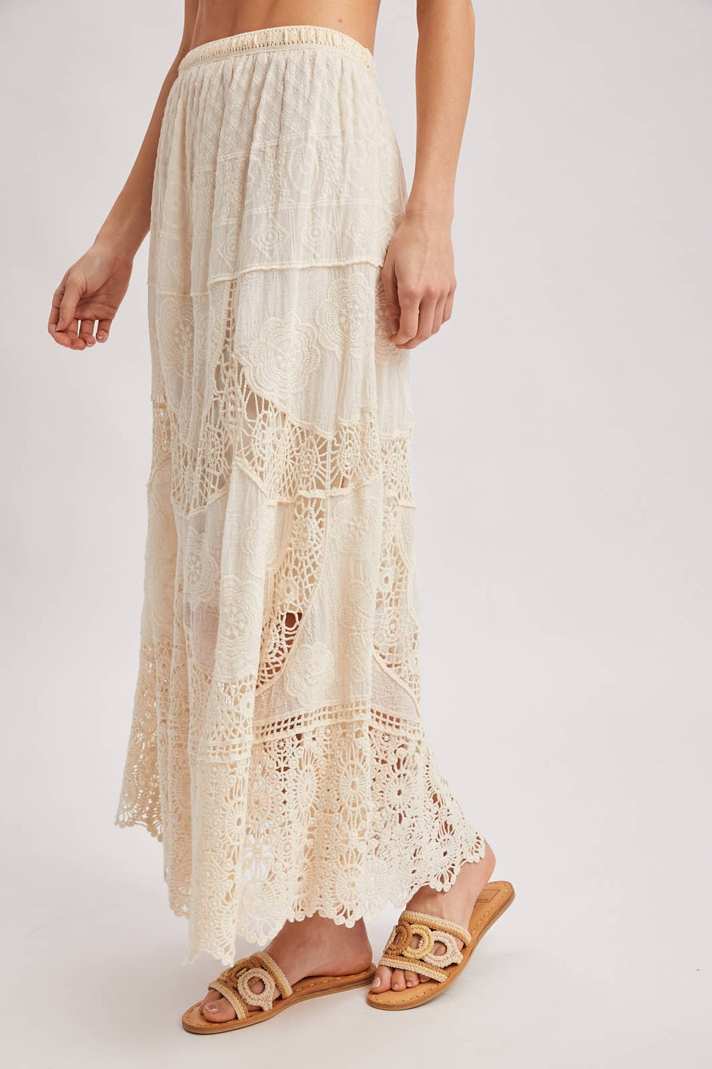 BOHO SHEER LACE MAXI SKIRT WITH LINING: NATURAL / M