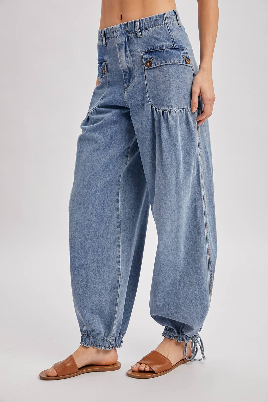 DENIM ANKLE DRAWSTRING BALLOON JEANS: DK.WASH / S