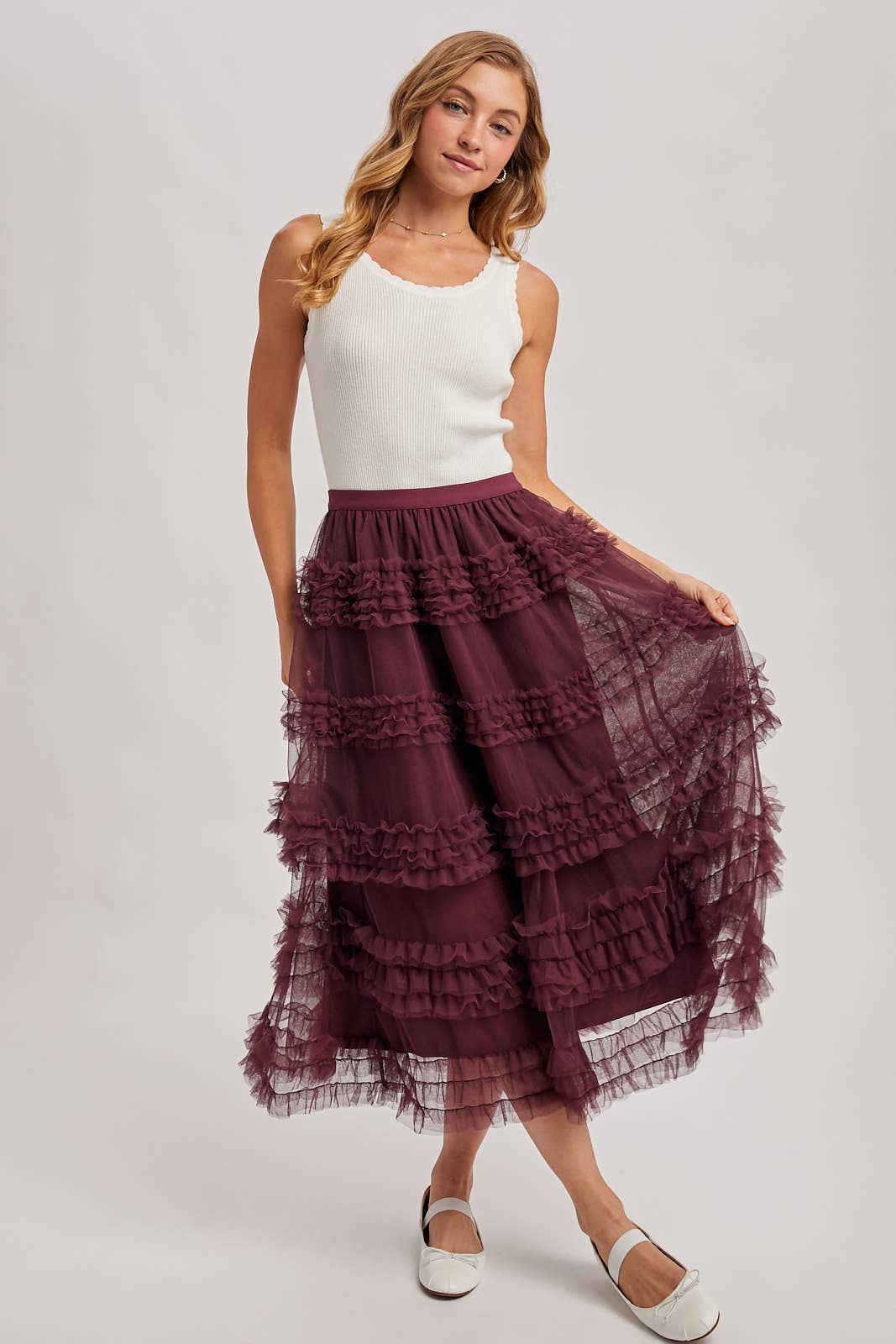 ROMANTIC RUFFLE TIERED TULLE MIDI SKIRT: PLUM / M