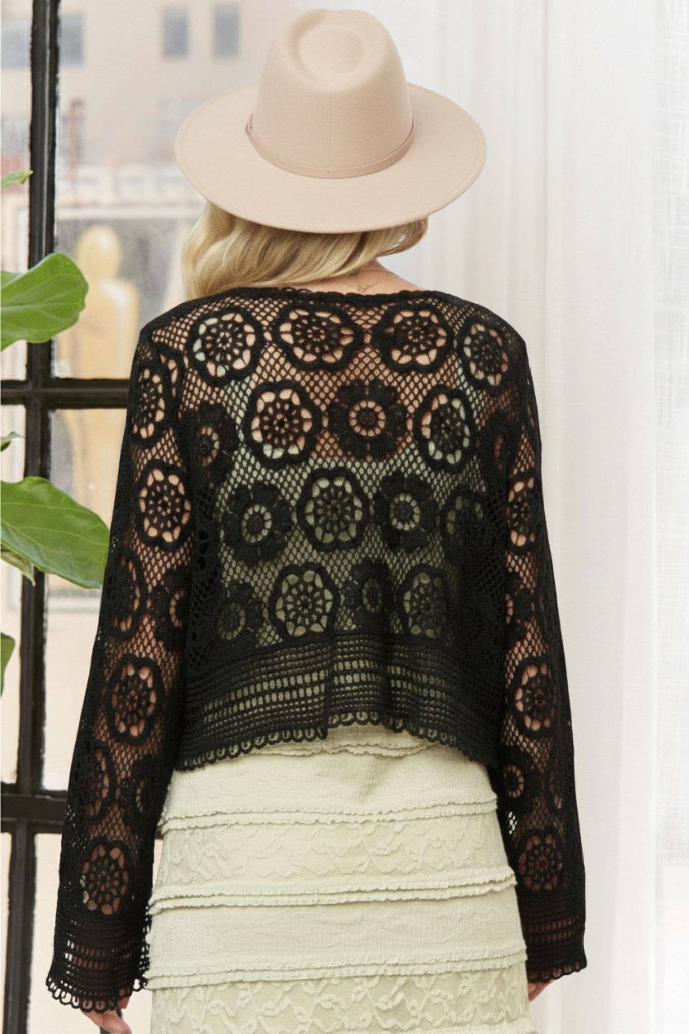 CROCHET LACE OPEN FRONT CARDIGAN- LEJ4080: NATURAL / SM-ML(3-3)