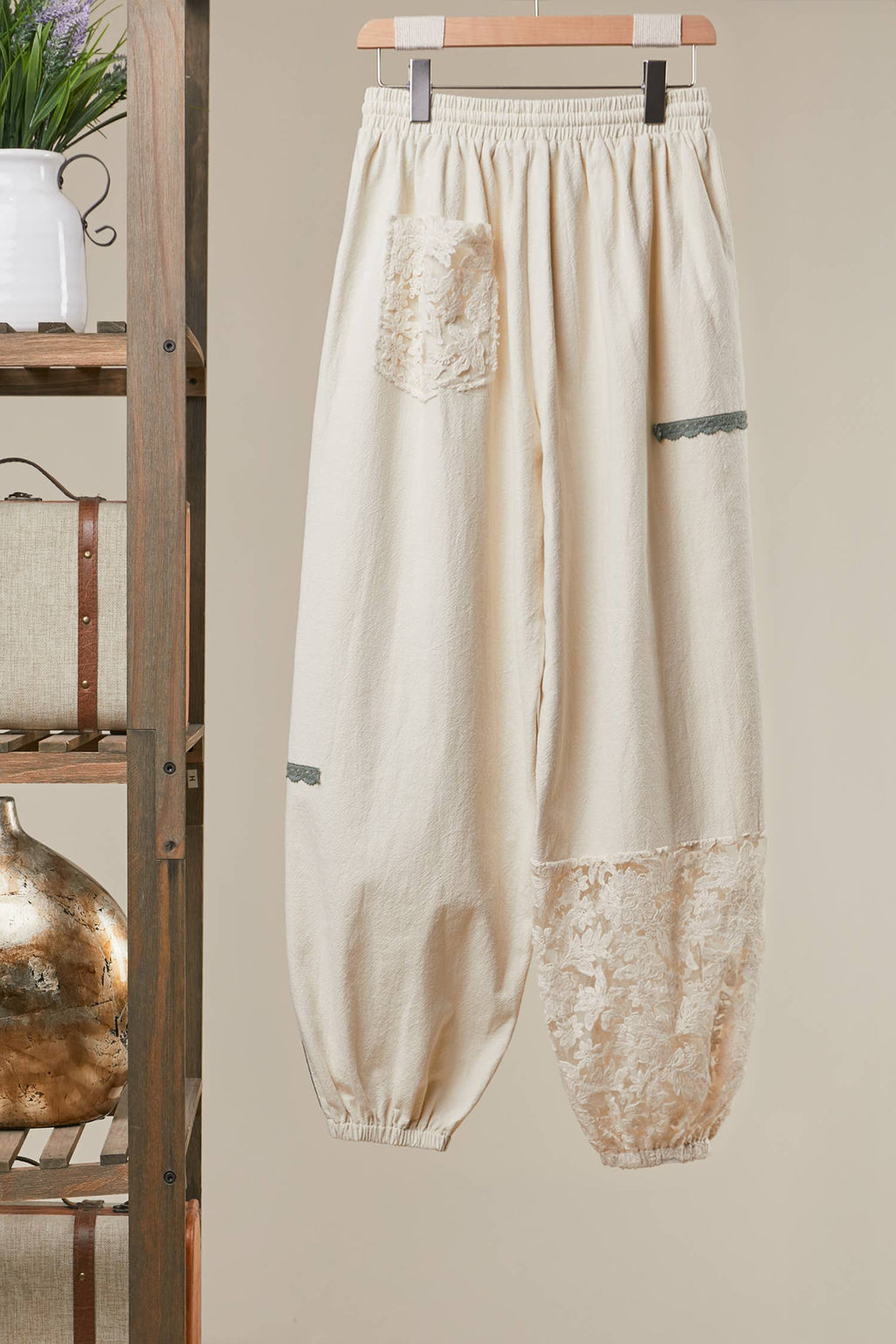 Lace Accents Patchwork Crochet Jogger Pants: SAGE