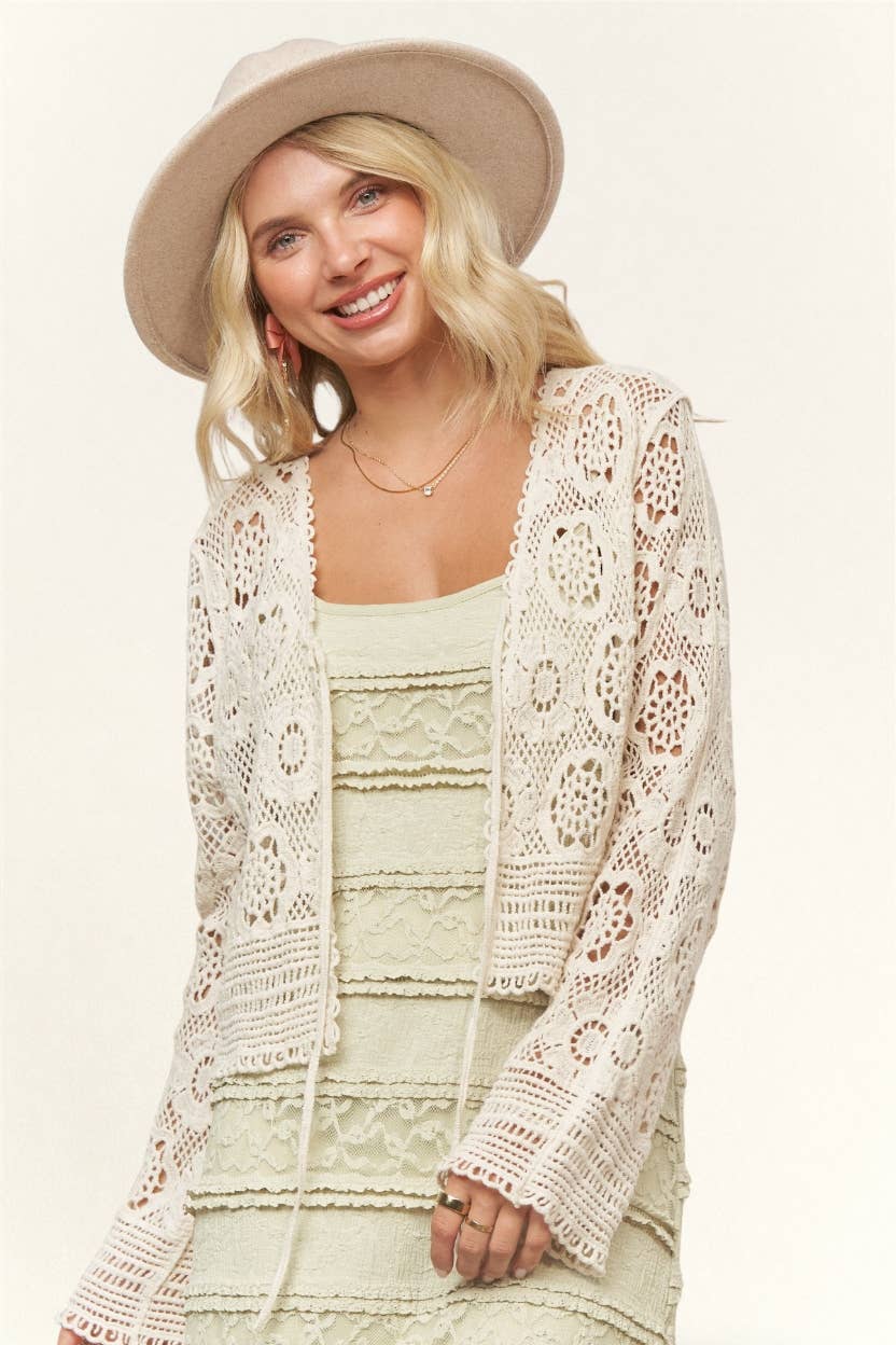 CROCHET LACE OPEN FRONT CARDIGAN- LEJ4080: NATURAL / SM-ML(3-3)