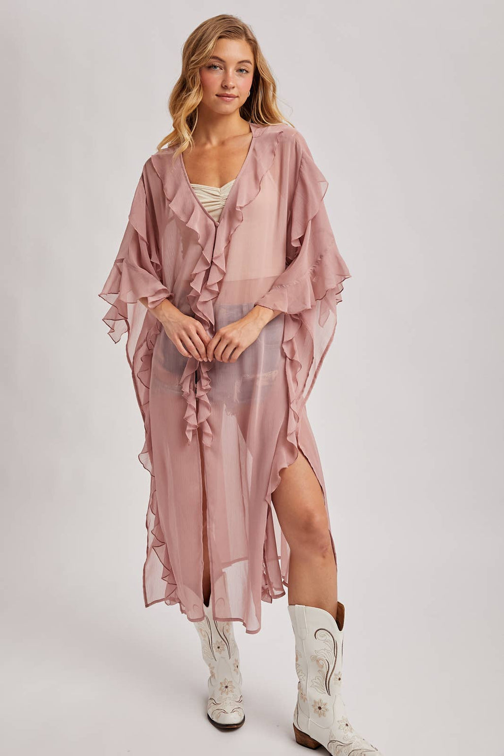 SHEER RUFFLED OPEN FRONT KIMONO COVER-UP DRESS - EASTER DAY: DUSTY PINK / One Size