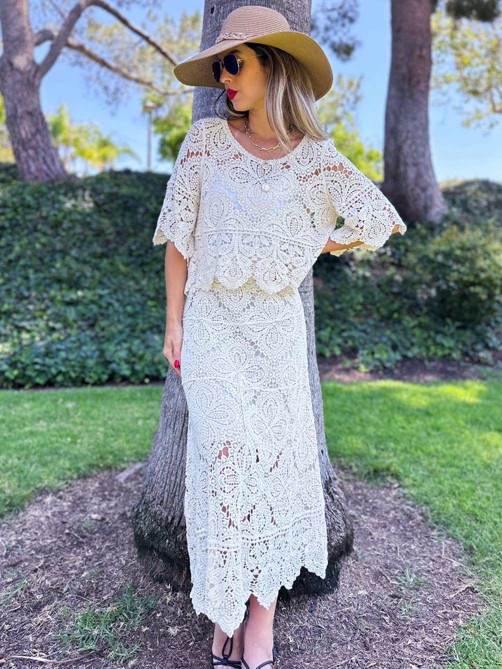 Boho Floral Crochet Maxi Skirt | Matching Set Available: Ivory / One Size