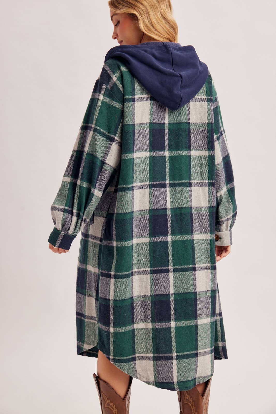 LONGLINE PLAID HOODED JACKET
