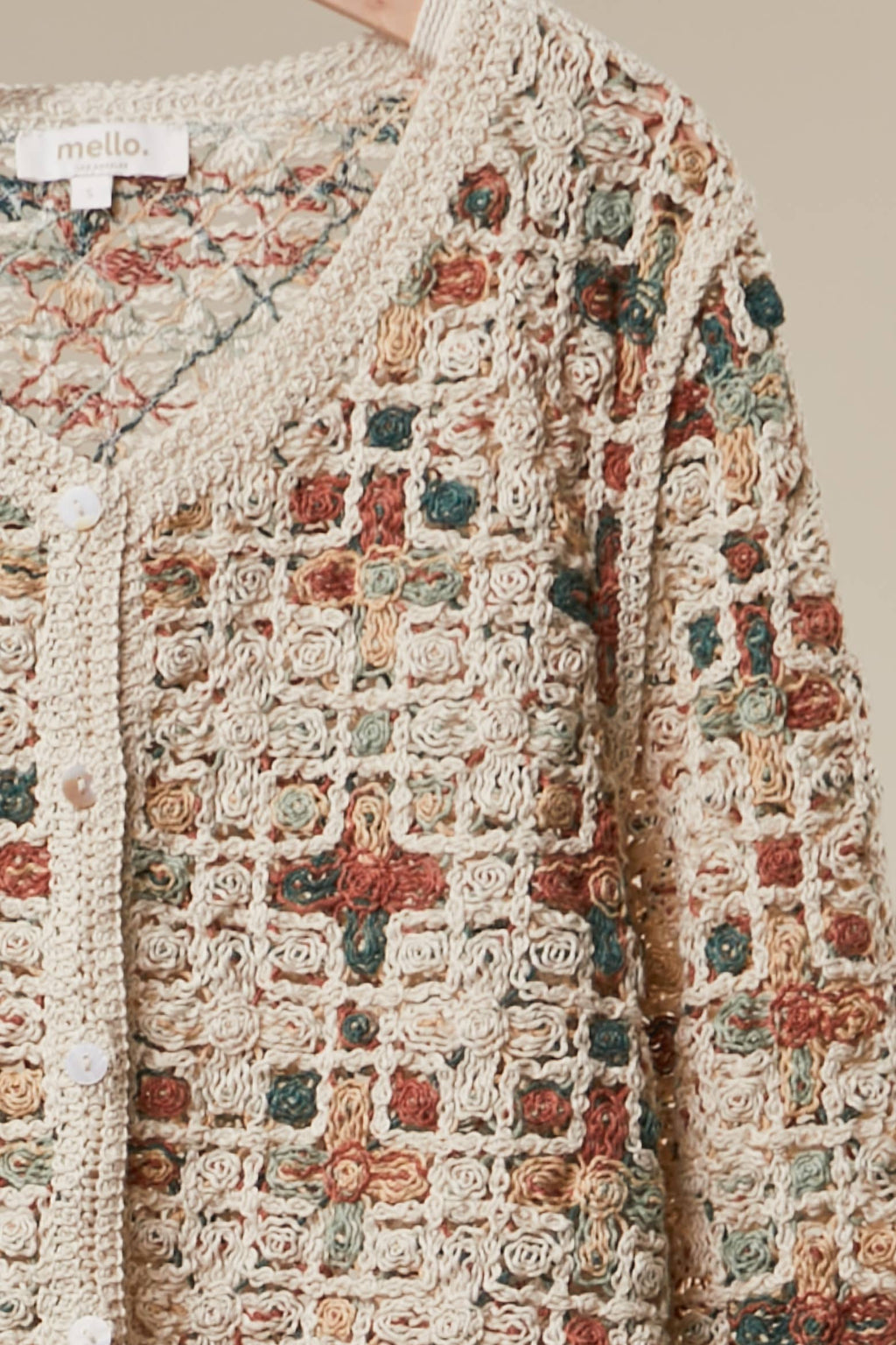 Boho Patchwork Crochet Button Cardigan: Ivory