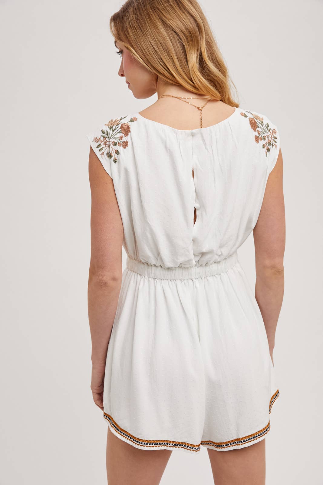 EMBROIDERED FLORAL WHITE DRAWSTRING ROMPER - EASTER DAY: IVORY