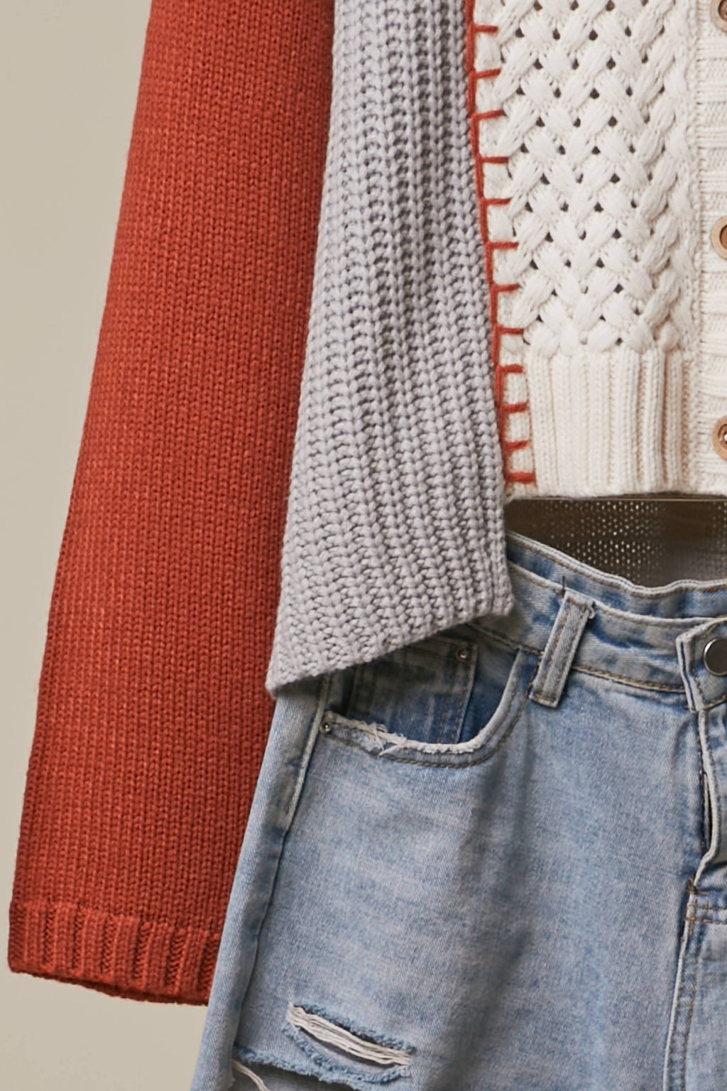 Color-Blocked Knit Sweater: Ivory Multi / M