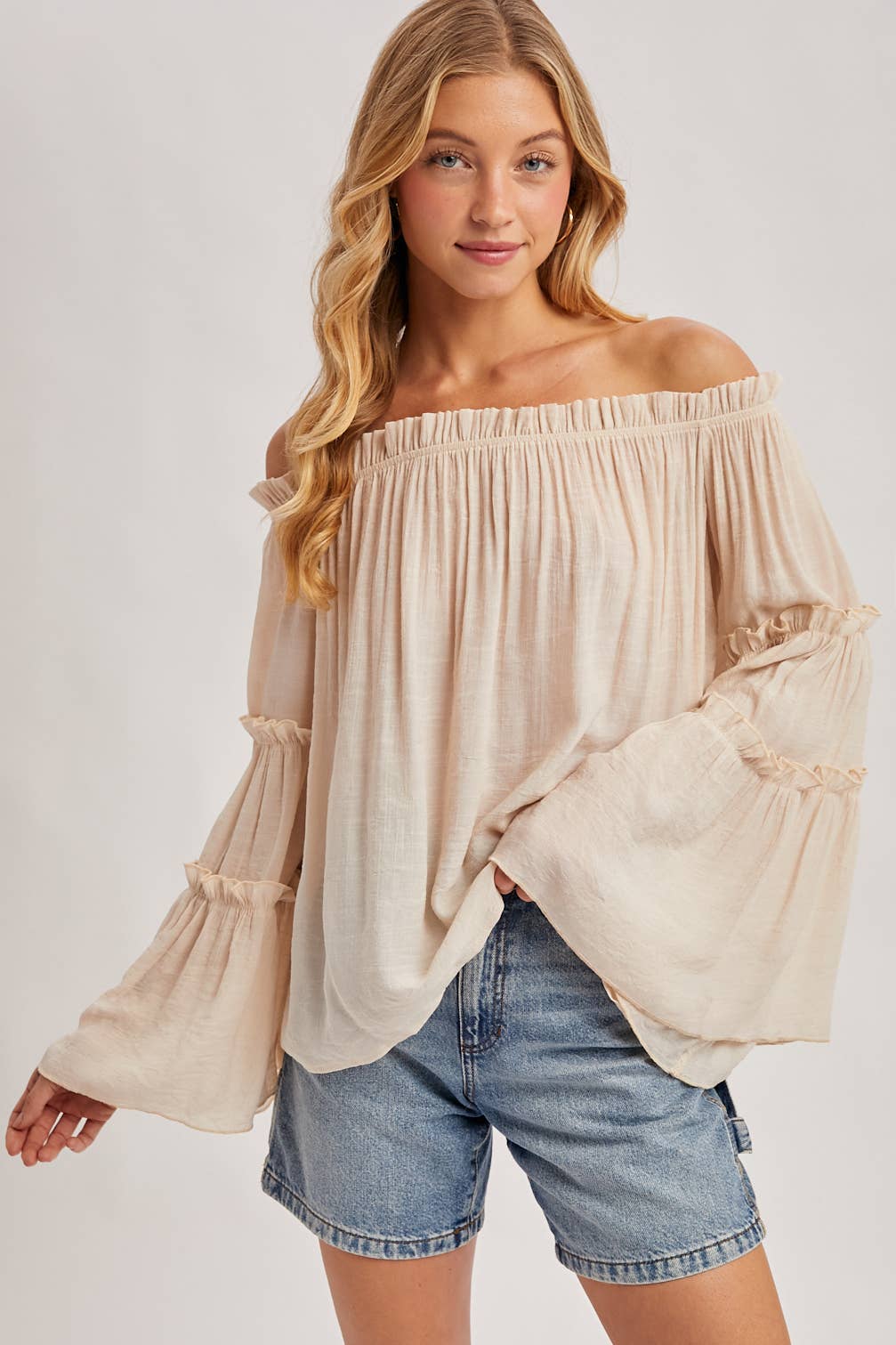 TEXTURED BELL SLEEVE OFF THE SHOULDER TOP: ROSE / M