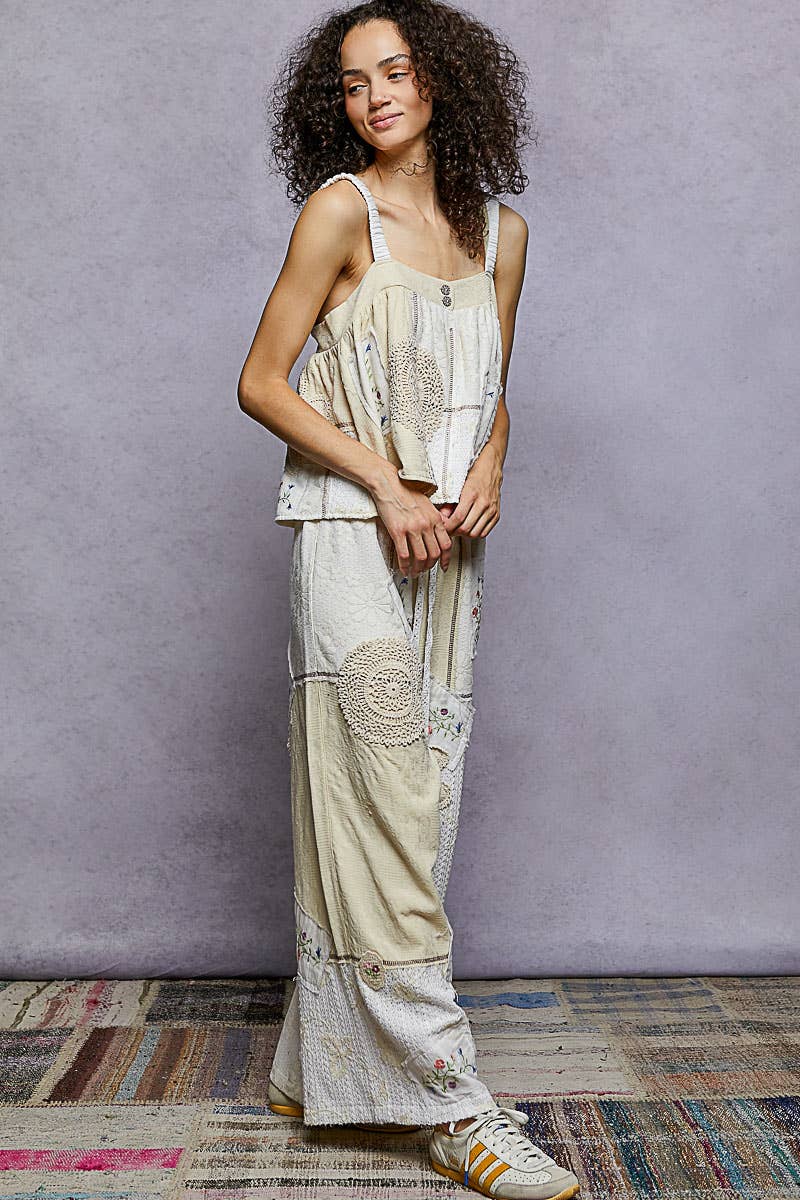 Solid Lace Patch Detail Woven Pants: SKY BLUE