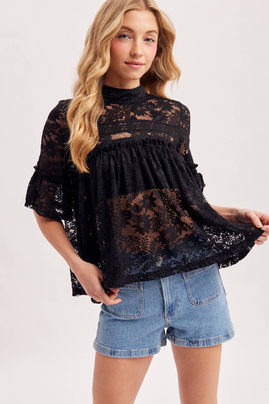 MOCK NECK BABY DOLL LACE TOP WITH NO LINING - EASTER DAY: IVORY / S