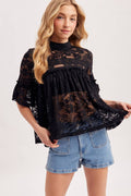 MOCK NECK BABY DOLL LACE TOP WITH NO LINING - EASTER DAY: Black / S