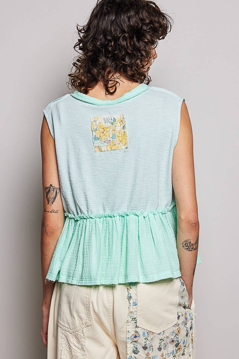 Boho Floral Patch V-Neck Sleeveless Top: NATURAL