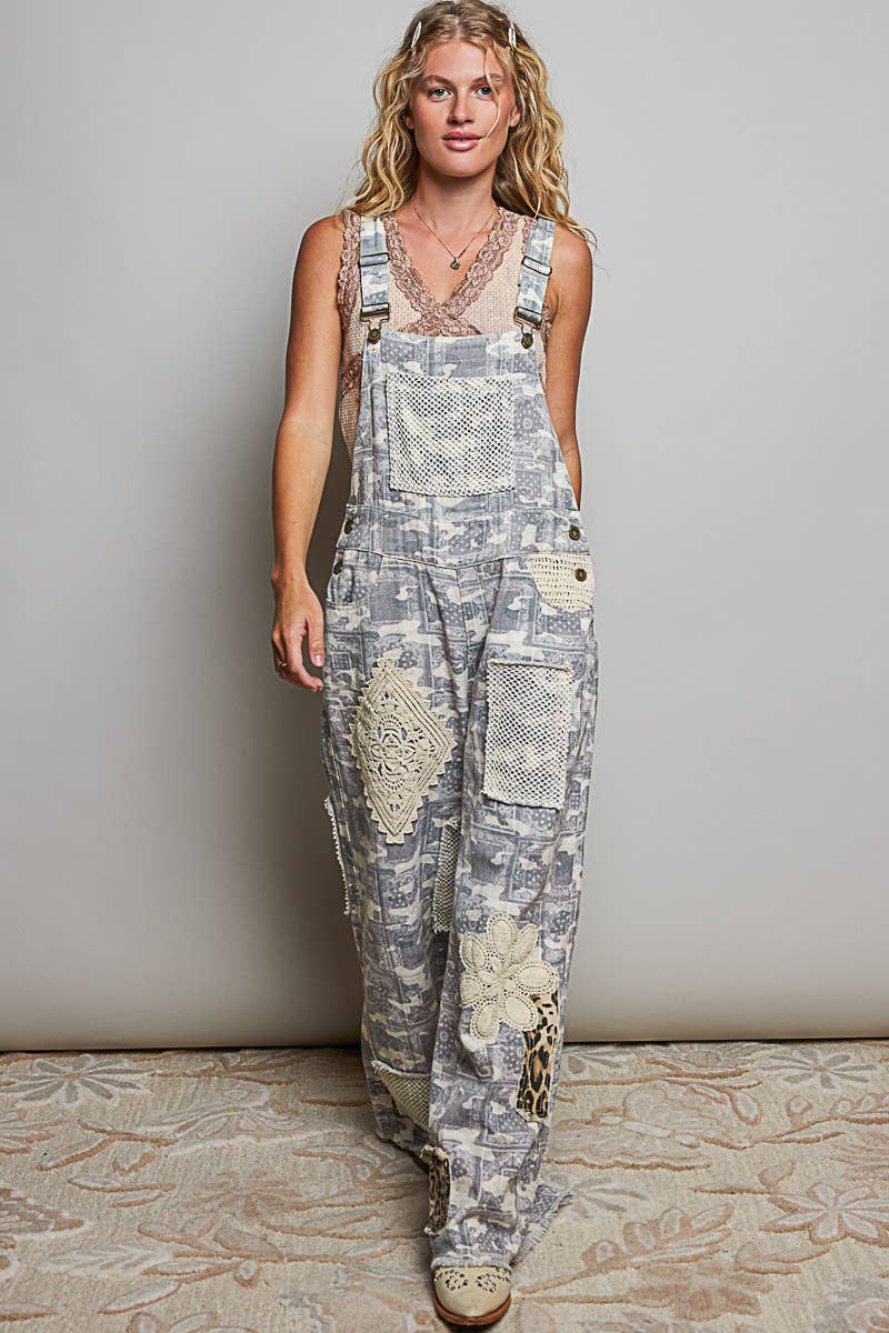 Crochet Contrast Patch Detail Chest Pocket Woven Overalls: ALMOND CAMO / L