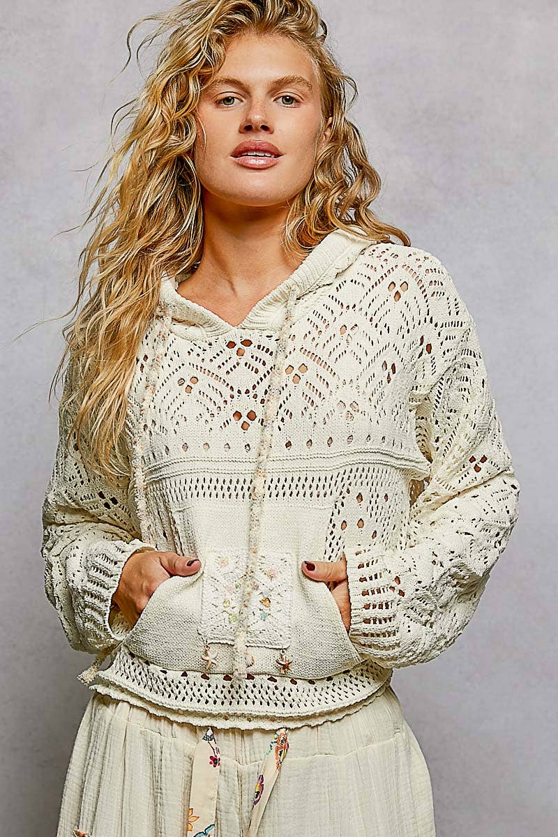 Chenille Crochet Lightweight Pullover Hoodie Sweater: NATURAL / S