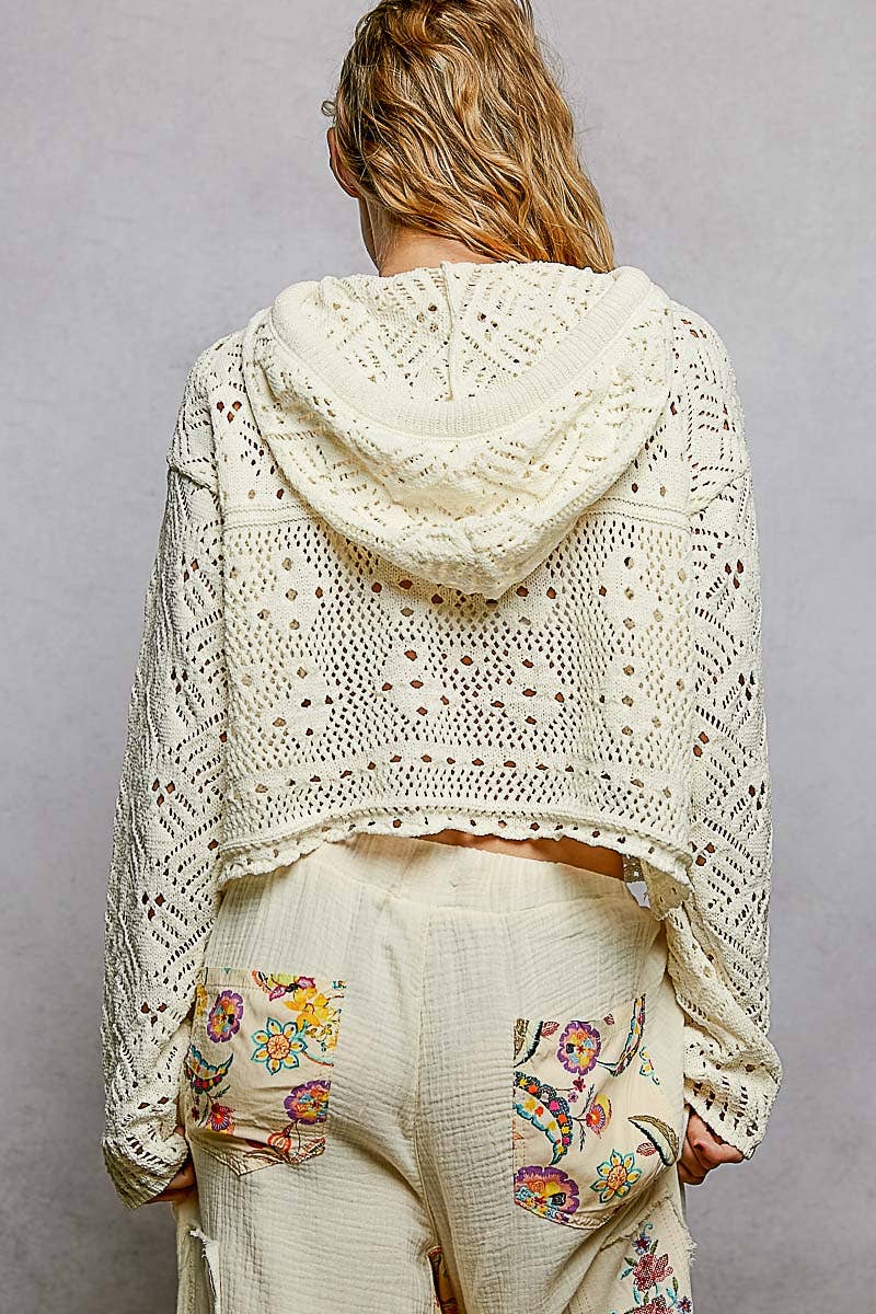 Chenille Crochet Lightweight Pullover Hoodie Sweater: NATURAL / L