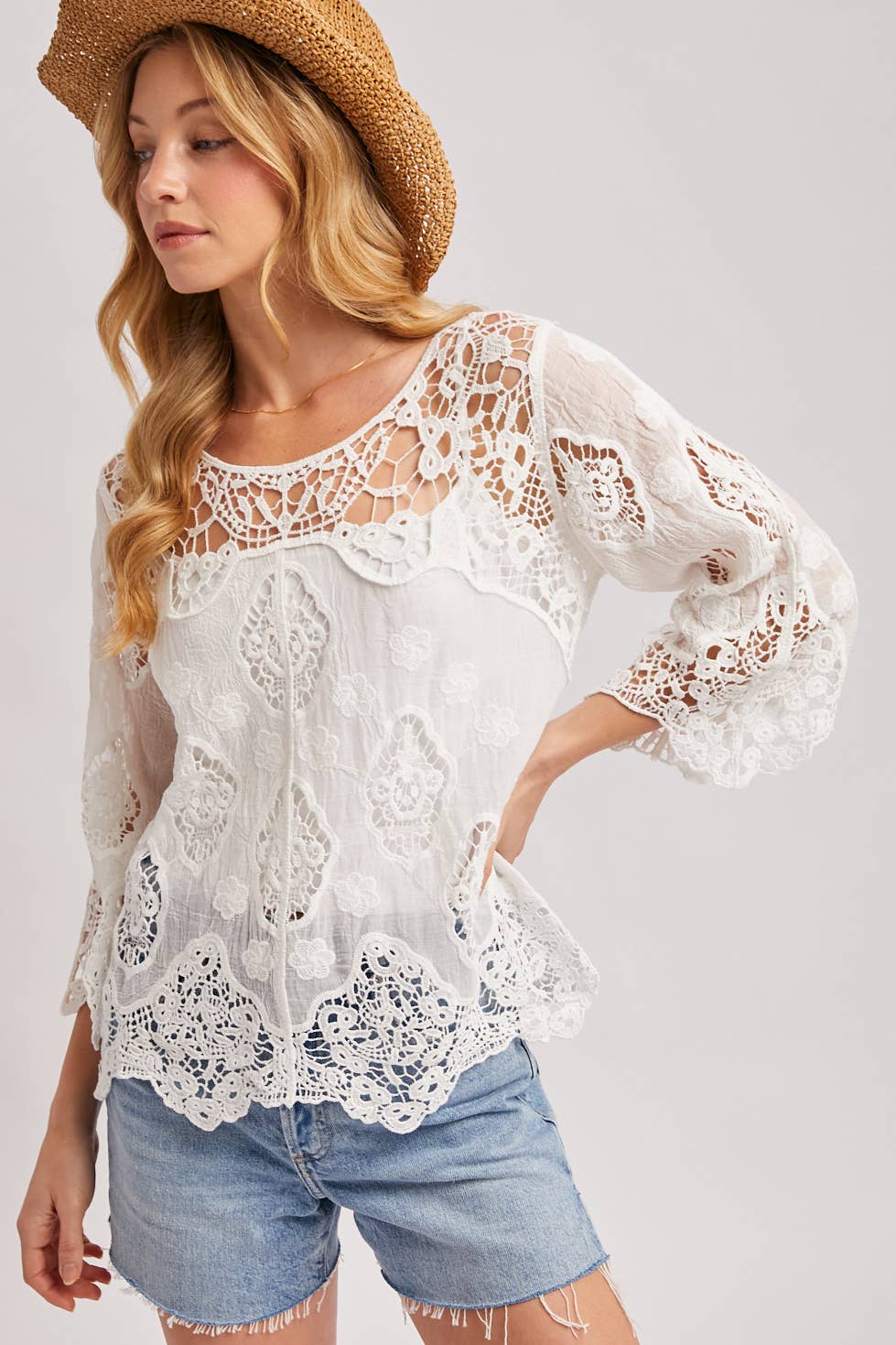 BOHO SHEER CROCHET 3/4 SLEEVED TOP - EASTER DAY: NATURAL / L