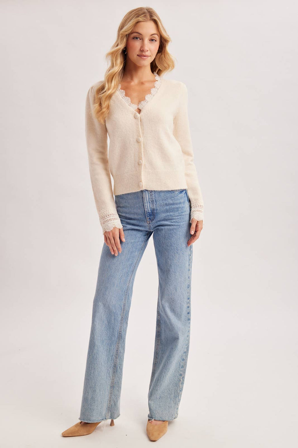 EYELASH LACE TRIM V-NECK KNIT PUFF SLEEVE CARDIGAN