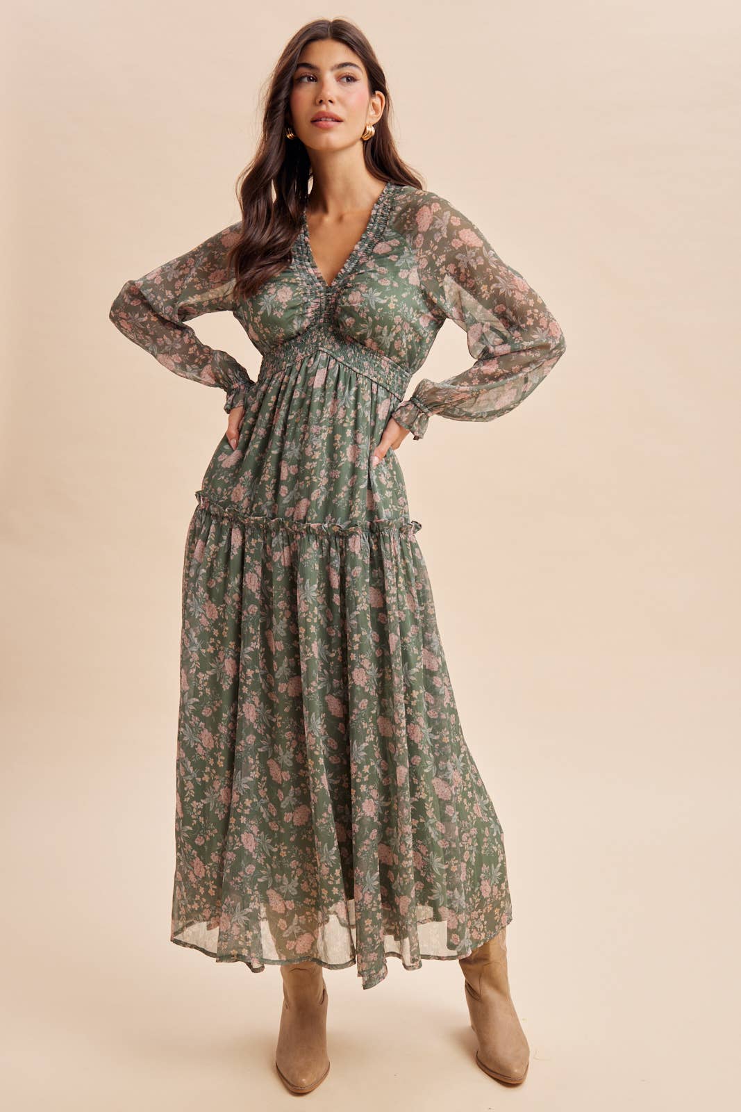 SMOCKED FLORAL MAXI DRESS
