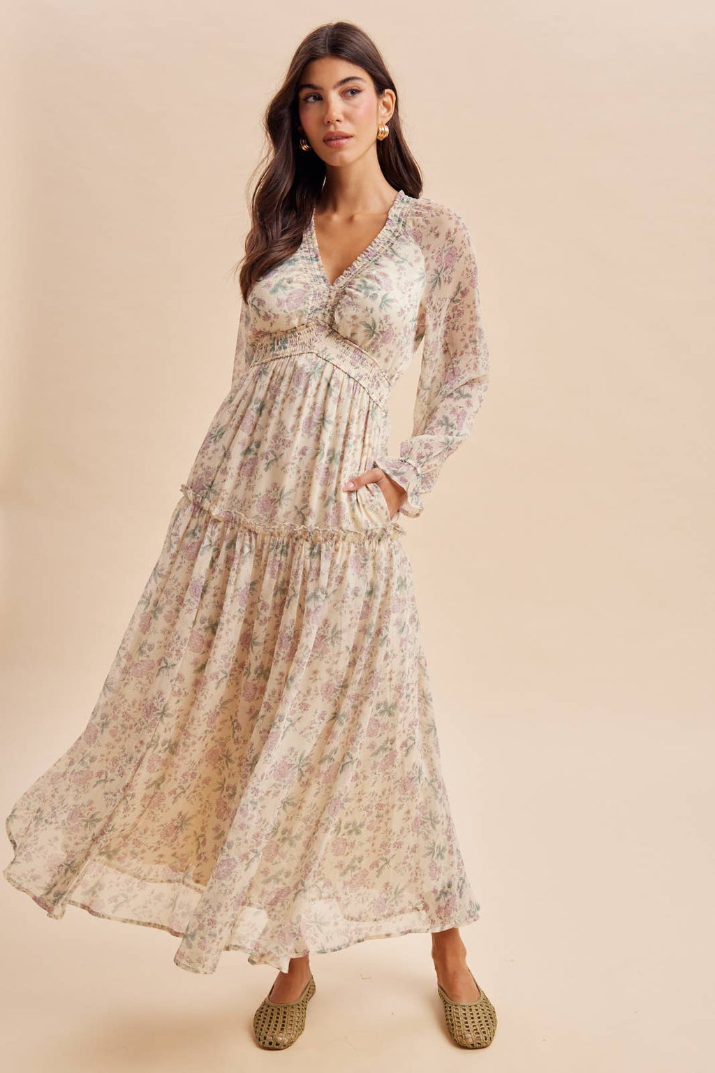 SMOCKED FLORAL MAXI DRESS