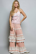 Floral Contrast Eyelet Ruffle Lace Trim Straight Knit Pants: BLUSH