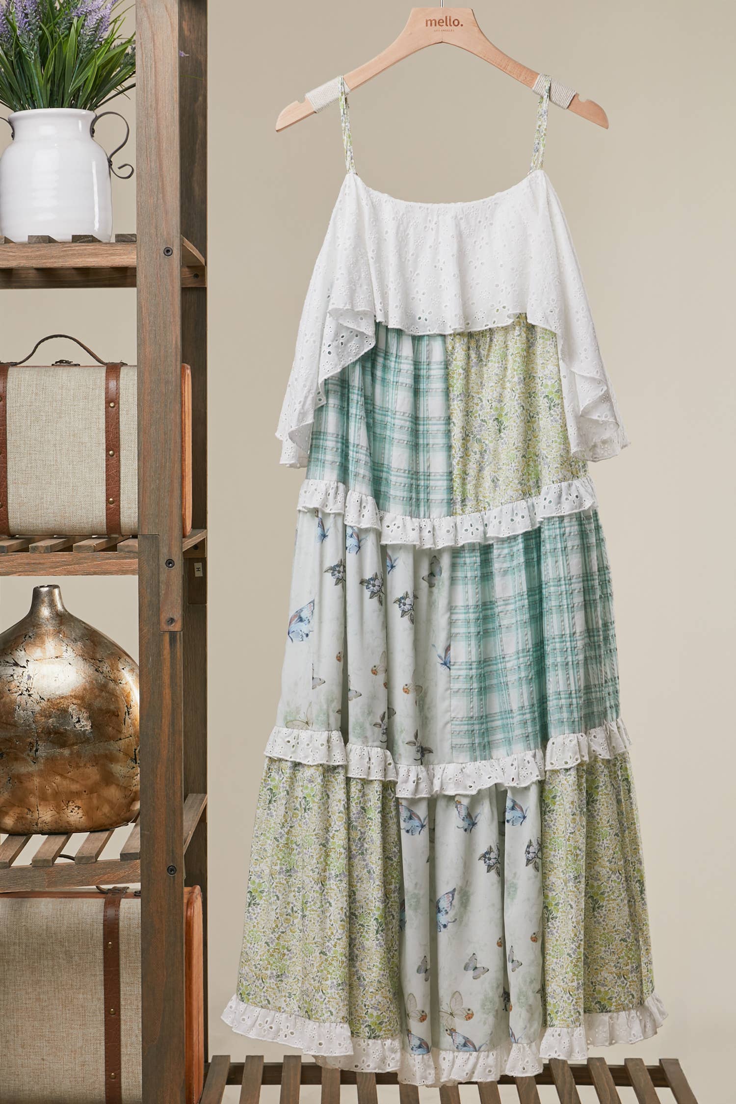 PATCHWORK FLORAL DRESS: Multi Olive / L