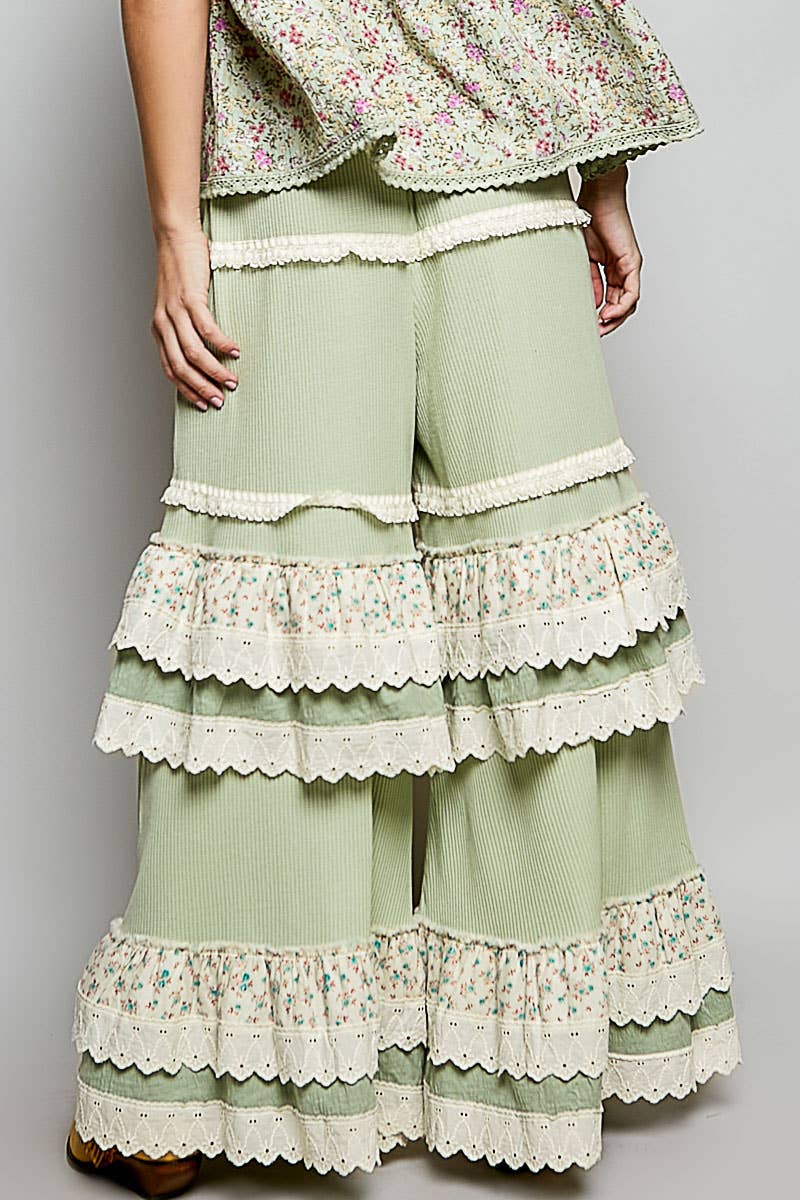 Floral Contrast Eyelet Ruffle Lace Trim Straight Knit Pants: BLUSH