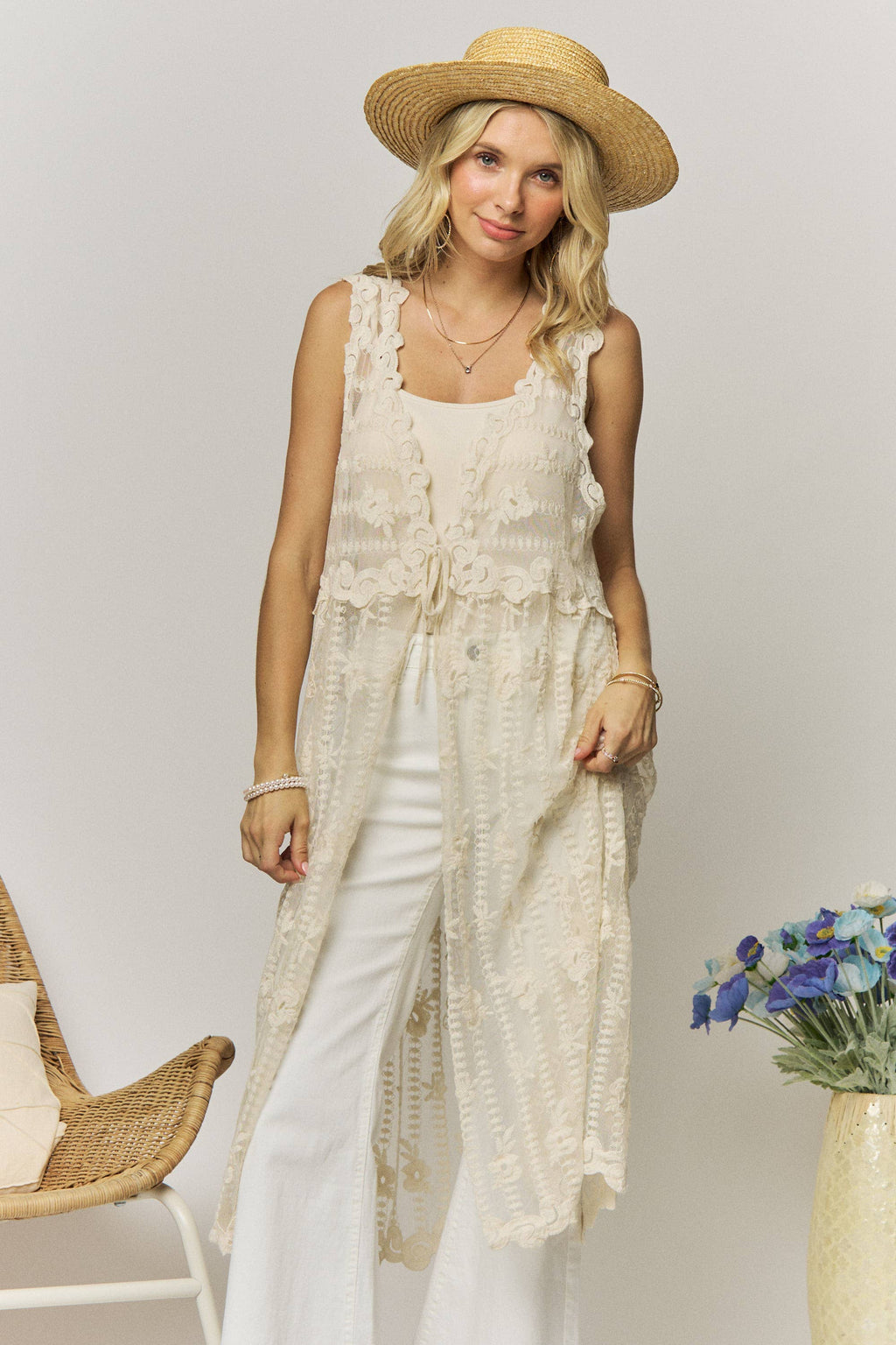 SHEER LACE LONGLINE VEST- LEJ4290: BEIGE / SM-ML(3-3)