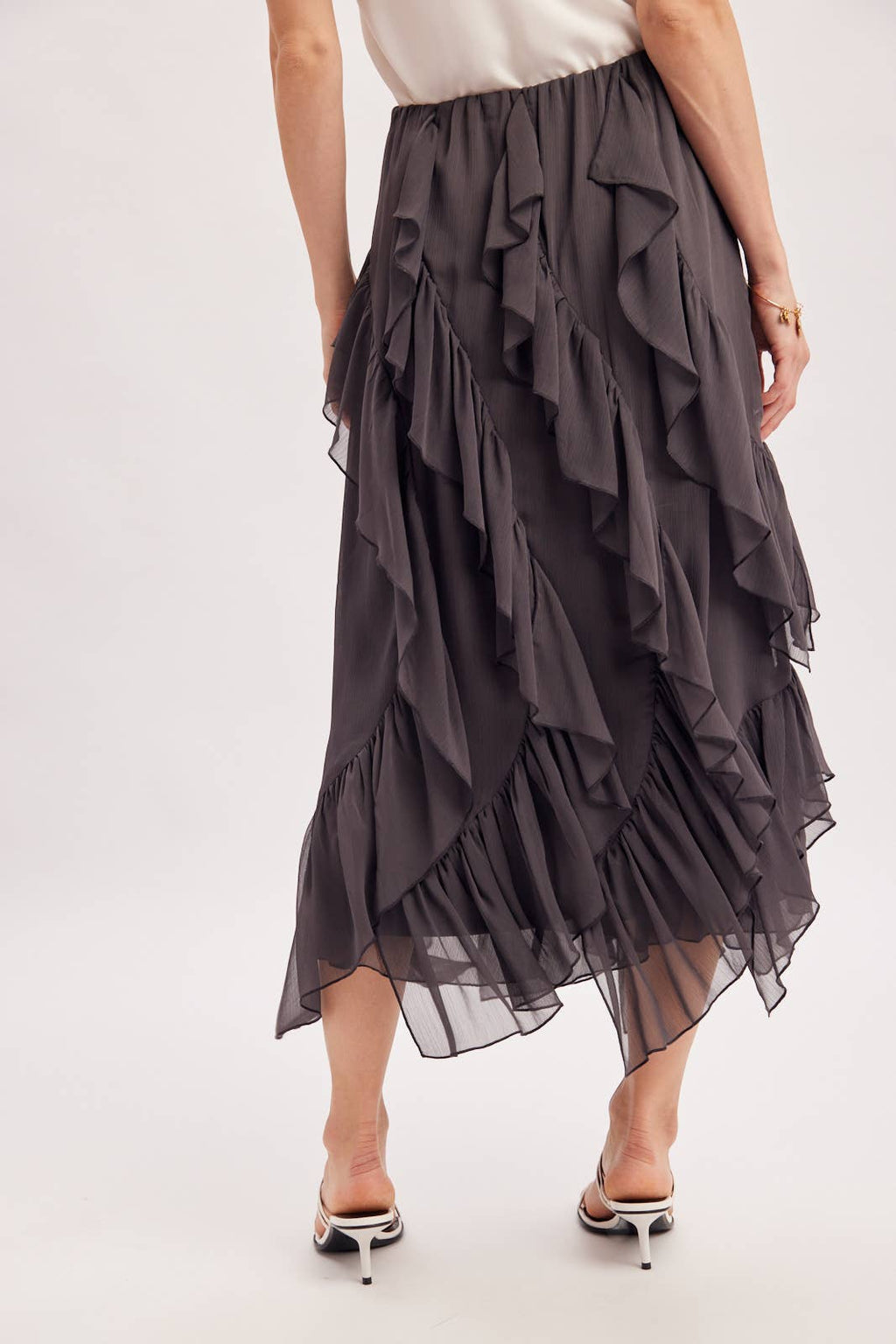 SEMI-SHEER CHIFFON RUFFLED TULLE MIDI SKIRT: ECRU