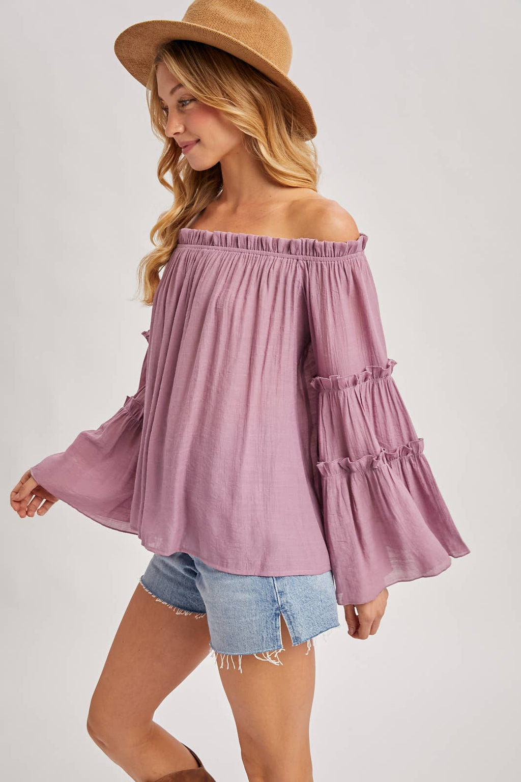 TEXTURED BELL SLEEVE OFF THE SHOULDER TOP: ROSE / S