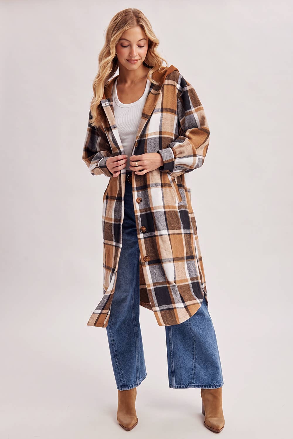 LONGLINE PLAID HOODED JACKET
