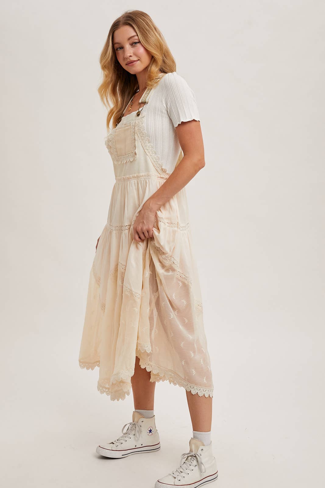LACE EMBROIDERED TULLE BIB MAXI DRESS: ASH