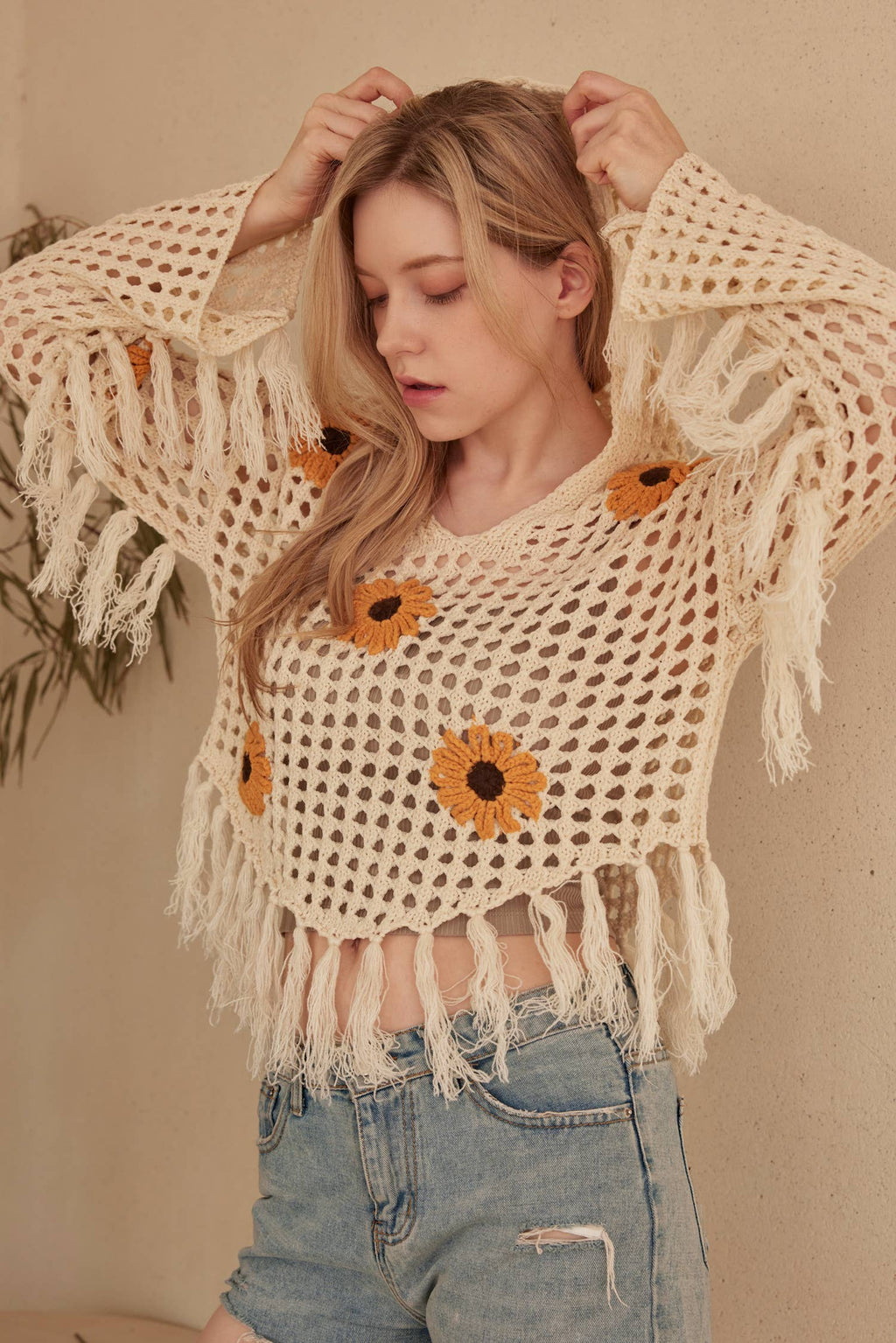 Sunflower Patched Crochet Sweater with Fringes: Cream