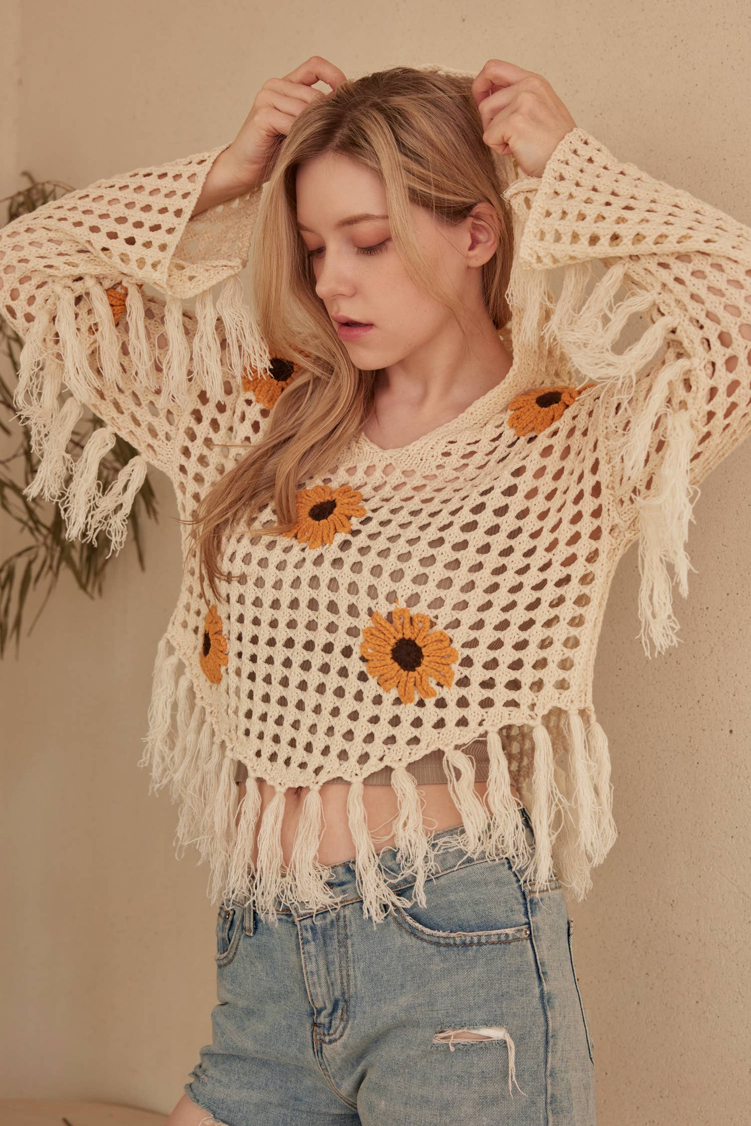 Sunflower Patched Crochet Sweater with Fringes: Cream